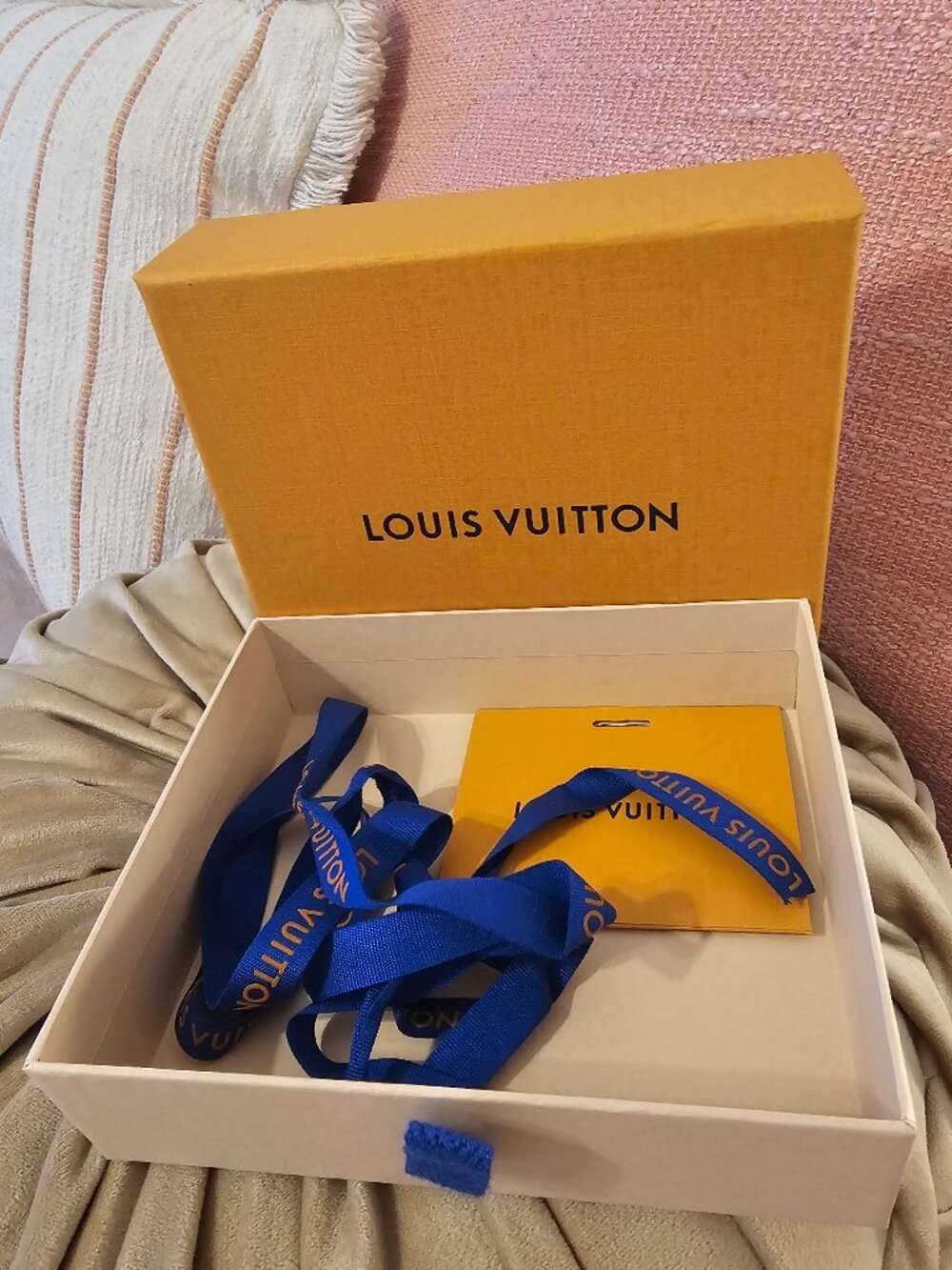 Authentic Louis Vuitton Small Drawer Gift Box w/ Blue Ribbon & Card Tag Imperial